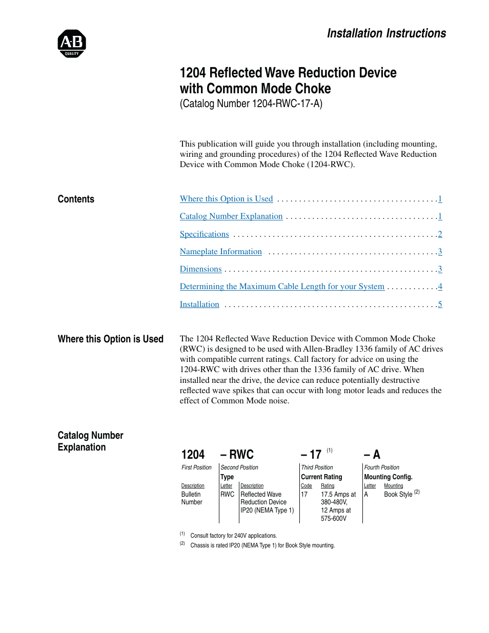 Rockwell Automation 1204 Reflected Wave Reduction Device User Manual | 8 pages