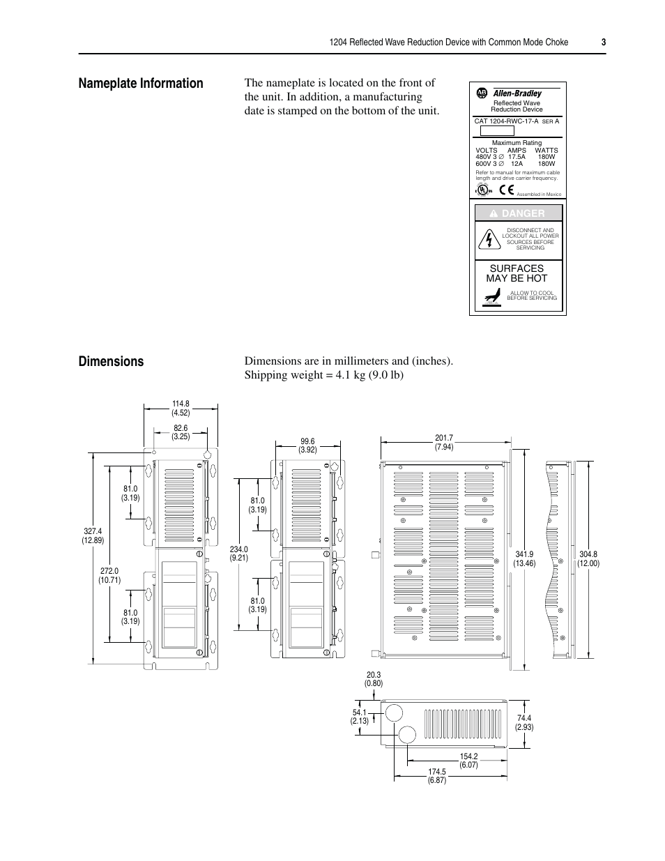 Nameplate information, Dimensions, Danger surfaces may be hot | Rockwell Automation 1204 Reflected Wave Reduction Device User Manual | Page 3 / 8