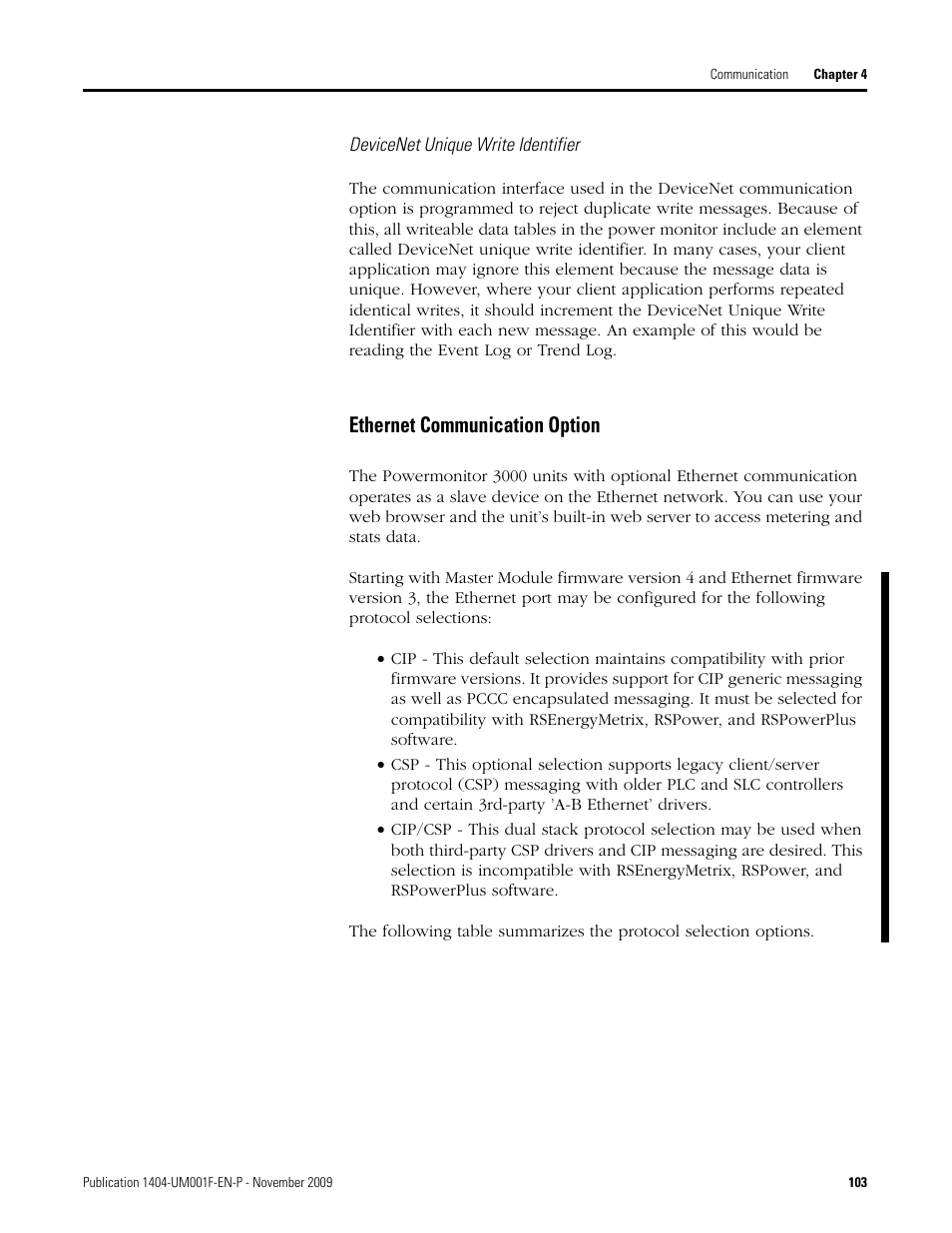 Ethernet communication option | Rockwell Automation 1404-M4_M5_M6_M8 Powermonitor 3000 User Manual, Firmware rev. 3.0 or LATER User Manual | Page 103 / 356