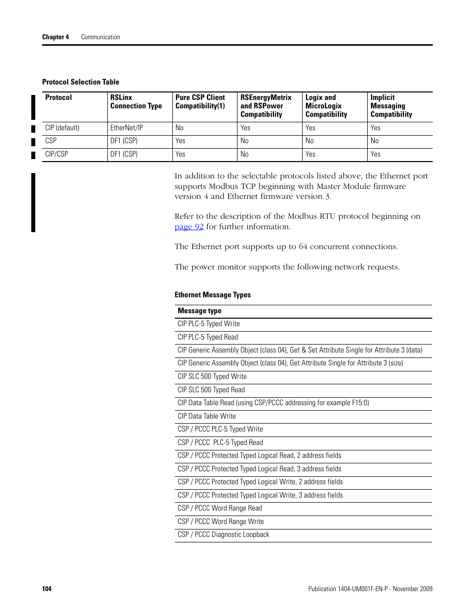 Protocol selection table, Ethernet message types | Rockwell Automation 1404-M4_M5_M6_M8 Powermonitor 3000 User Manual, Firmware rev. 3.0 or LATER User Manual | Page 104 / 356