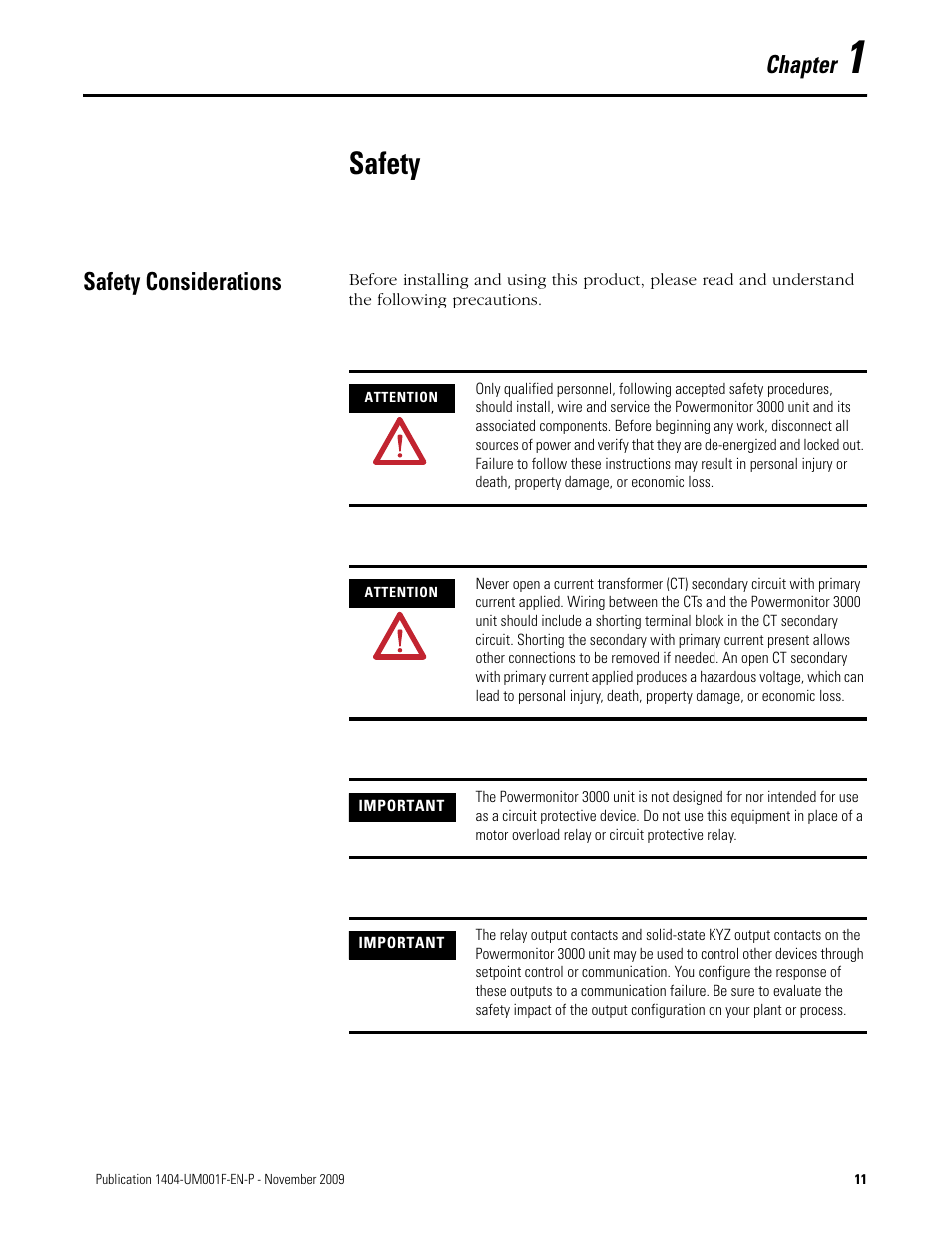 1 - safety, Safety considerations, Chapter 1 | Safety, Chapter | Rockwell Automation 1404-M4_M5_M6_M8 Powermonitor 3000 User Manual, Firmware rev. 3.0 or LATER User Manual | Page 11 / 356