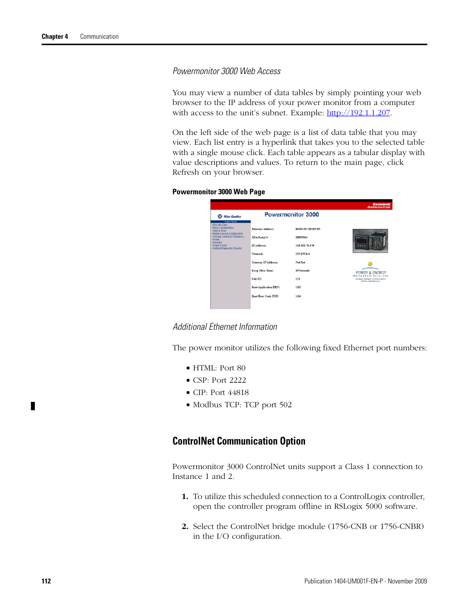 Controlnet communication option | Rockwell Automation 1404-M4_M5_M6_M8 Powermonitor 3000 User Manual, Firmware rev. 3.0 or LATER User Manual | Page 112 / 356