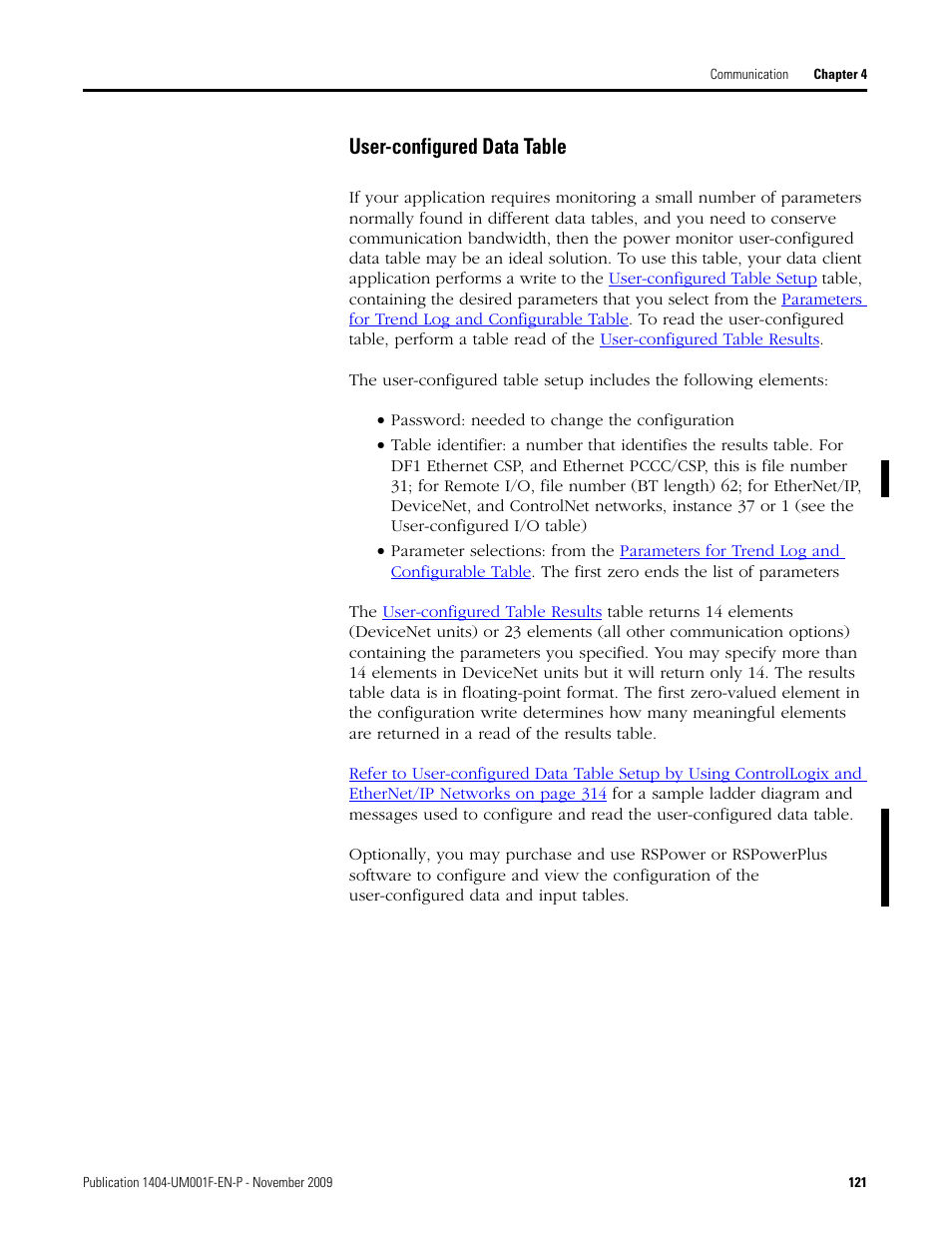 User-configured data table | Rockwell Automation 1404-M4_M5_M6_M8 Powermonitor 3000 User Manual, Firmware rev. 3.0 or LATER User Manual | Page 121 / 356