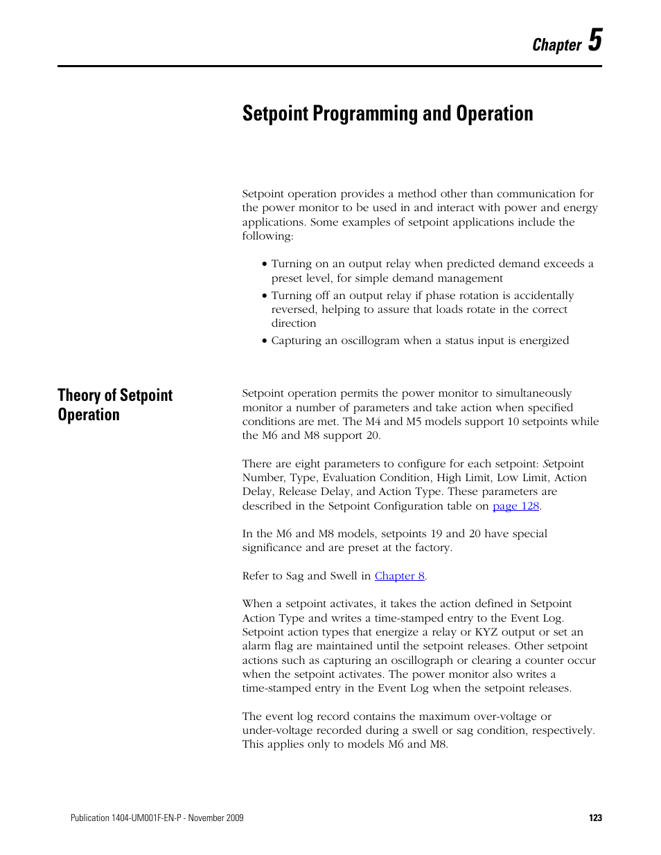 5 - setpoint programming and operation, Theory of setpoint operation, Chapter 5 | Setpoint programming and operation, Refer to, Chapter | Rockwell Automation 1404-M4_M5_M6_M8 Powermonitor 3000 User Manual, Firmware rev. 3.0 or LATER User Manual | Page 123 / 356