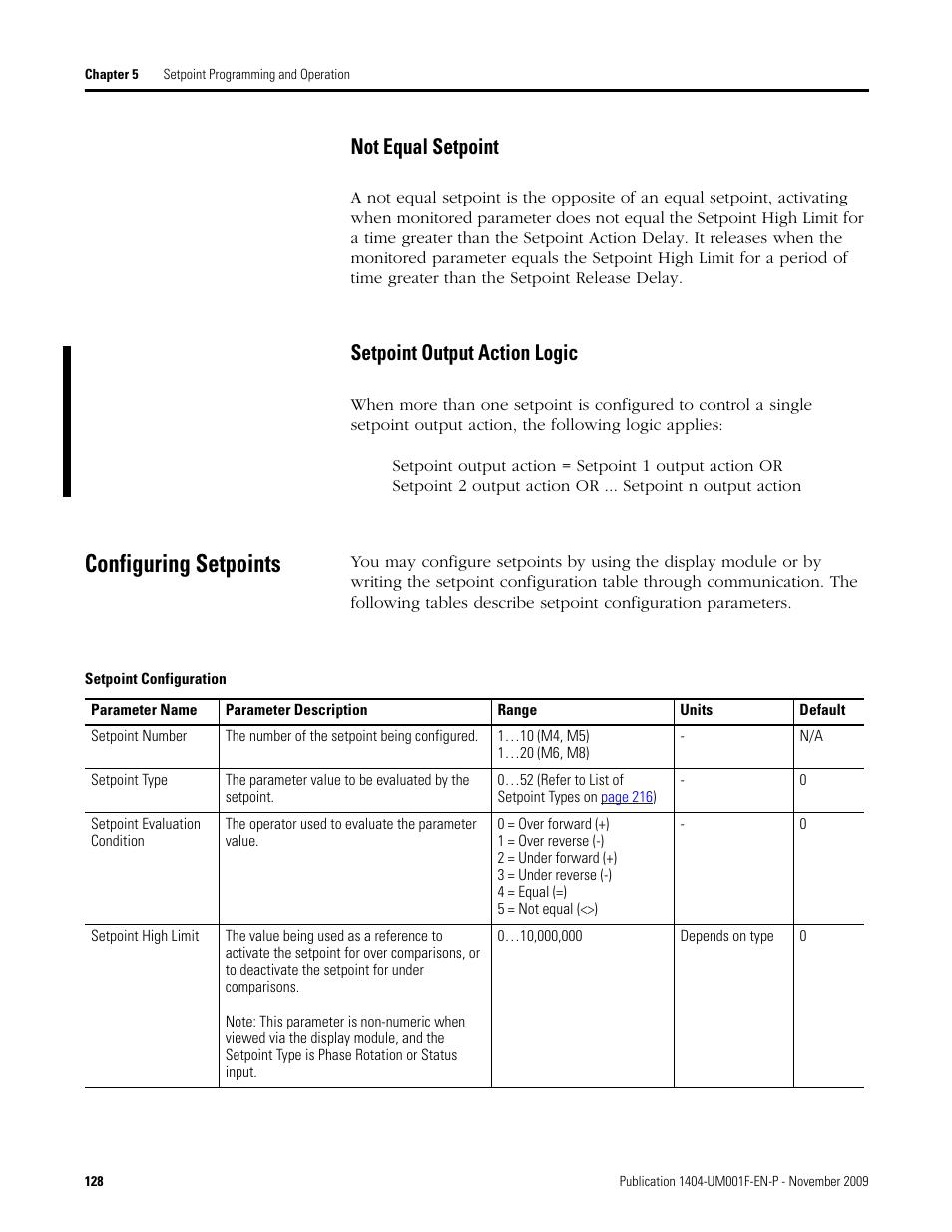 Configuring setpoints, Setpoint configuration, E setpoint configuration tab | Not equal setpoint, Setpoint output action logic | Rockwell Automation 1404-M4_M5_M6_M8 Powermonitor 3000 User Manual, Firmware rev. 3.0 or LATER User Manual | Page 128 / 356