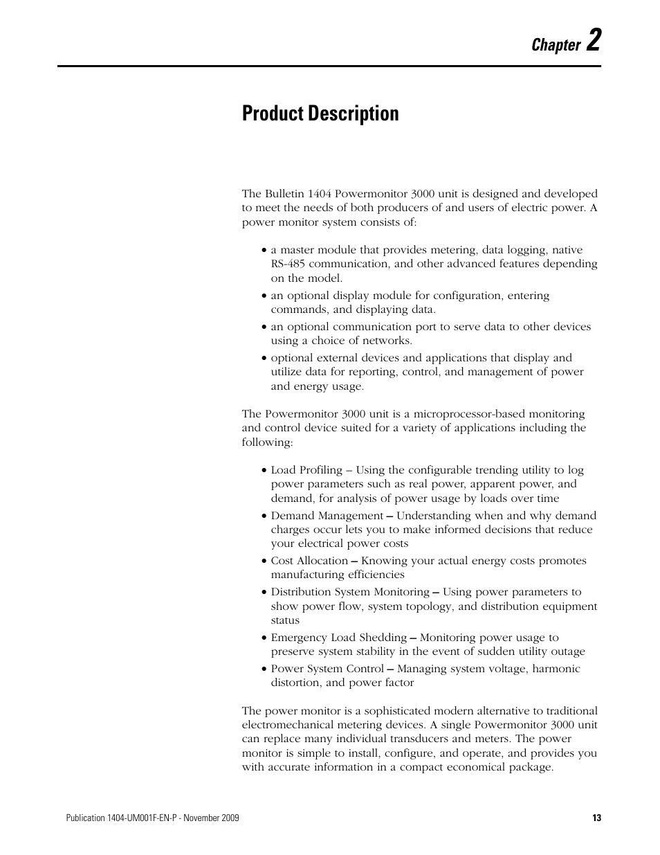 2 - product description, Chapter 2, Product description | Chapter | Rockwell Automation 1404-M4_M5_M6_M8 Powermonitor 3000 User Manual, Firmware rev. 3.0 or LATER User Manual | Page 13 / 356