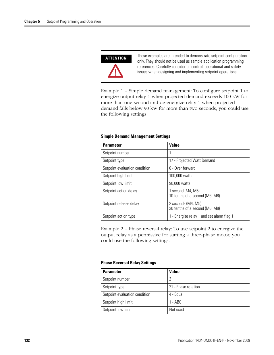Simple demand management settings, Phase reversal relay settings | Rockwell Automation 1404-M4_M5_M6_M8 Powermonitor 3000 User Manual, Firmware rev. 3.0 or LATER User Manual | Page 132 / 356