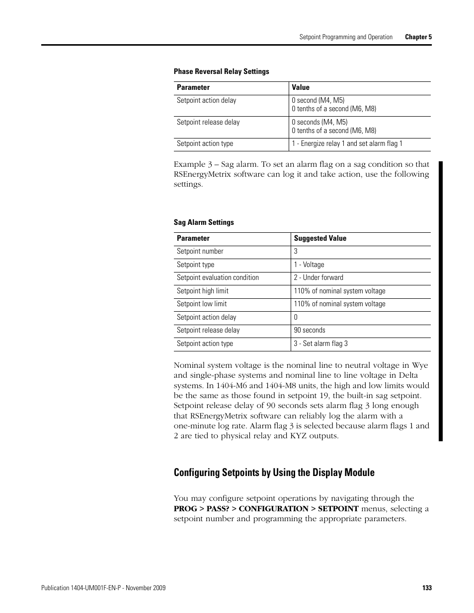 Sag alarm settings, Configuring setpoints by using the display module | Rockwell Automation 1404-M4_M5_M6_M8 Powermonitor 3000 User Manual, Firmware rev. 3.0 or LATER User Manual | Page 133 / 356