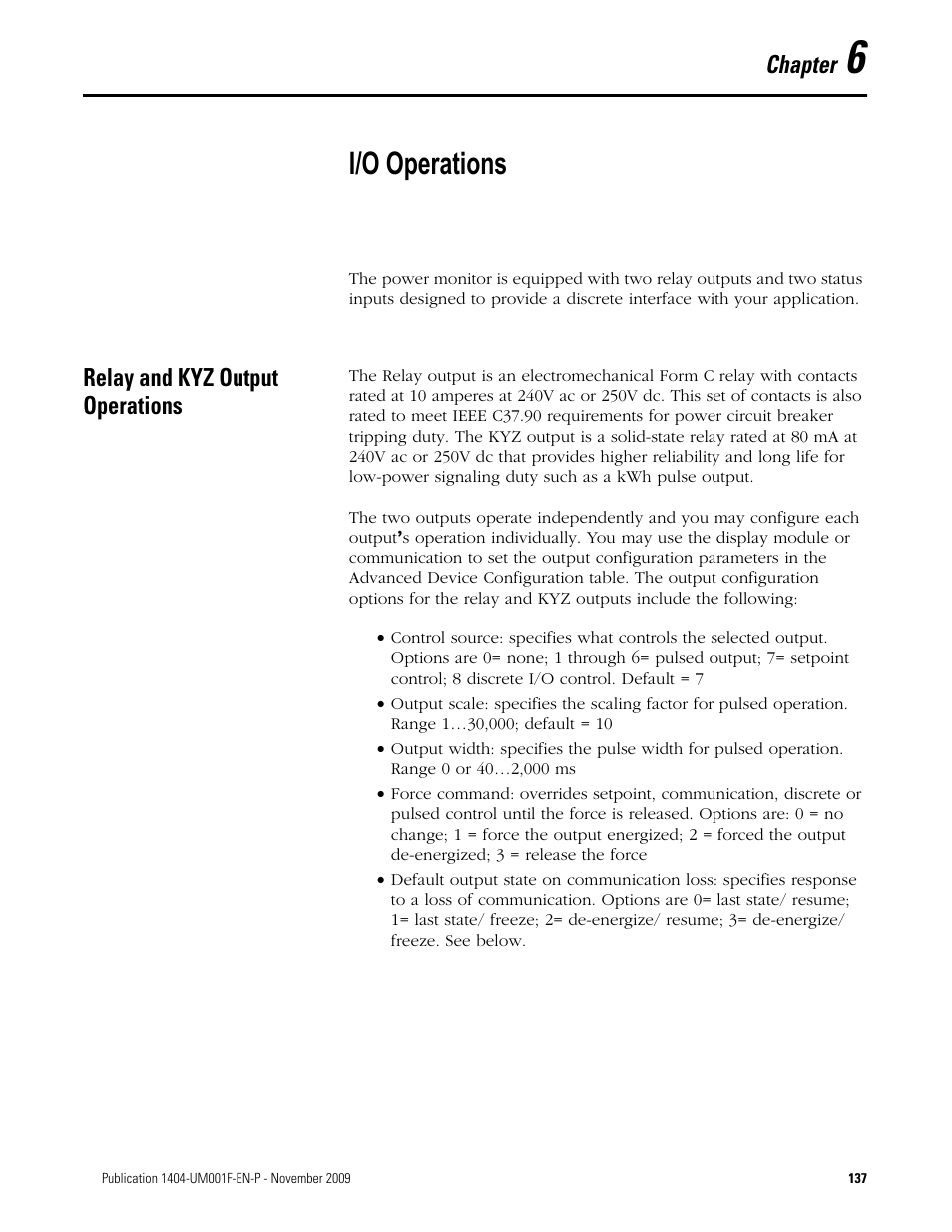 6 - i/o operations, Relay and kyz output operations, Chapter 6 | I/o operations, Chapter | Rockwell Automation 1404-M4_M5_M6_M8 Powermonitor 3000 User Manual, Firmware rev. 3.0 or LATER User Manual | Page 137 / 356