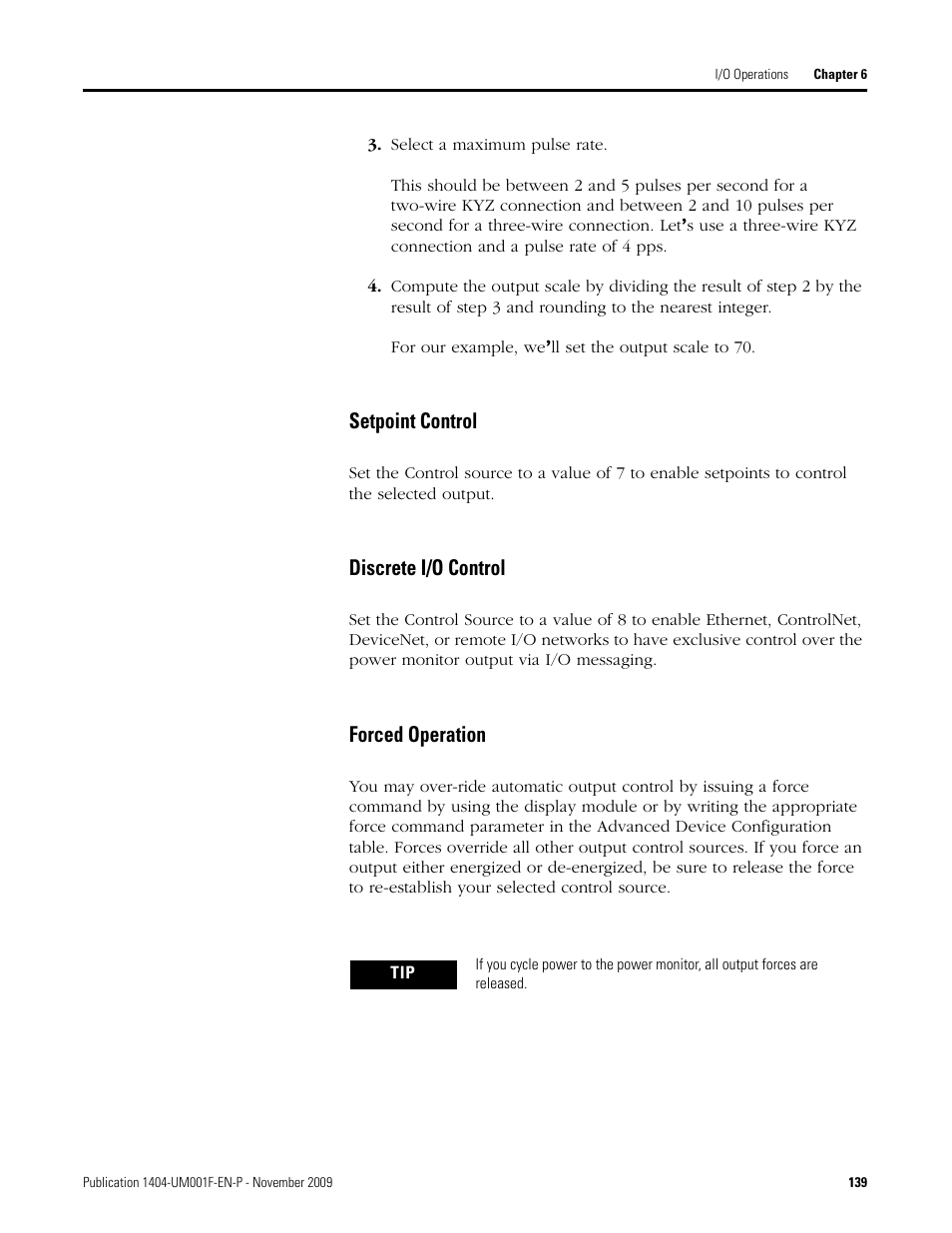 Setpoint control, Discrete i/o control, Forced operation | Rockwell Automation 1404-M4_M5_M6_M8 Powermonitor 3000 User Manual, Firmware rev. 3.0 or LATER User Manual | Page 139 / 356