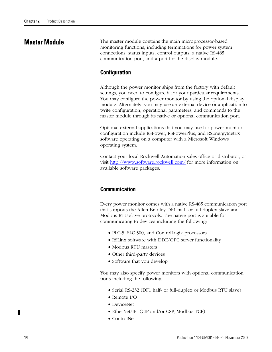 Master module, Configuration, Communication | Rockwell Automation 1404-M4_M5_M6_M8 Powermonitor 3000 User Manual, Firmware rev. 3.0 or LATER User Manual | Page 14 / 356
