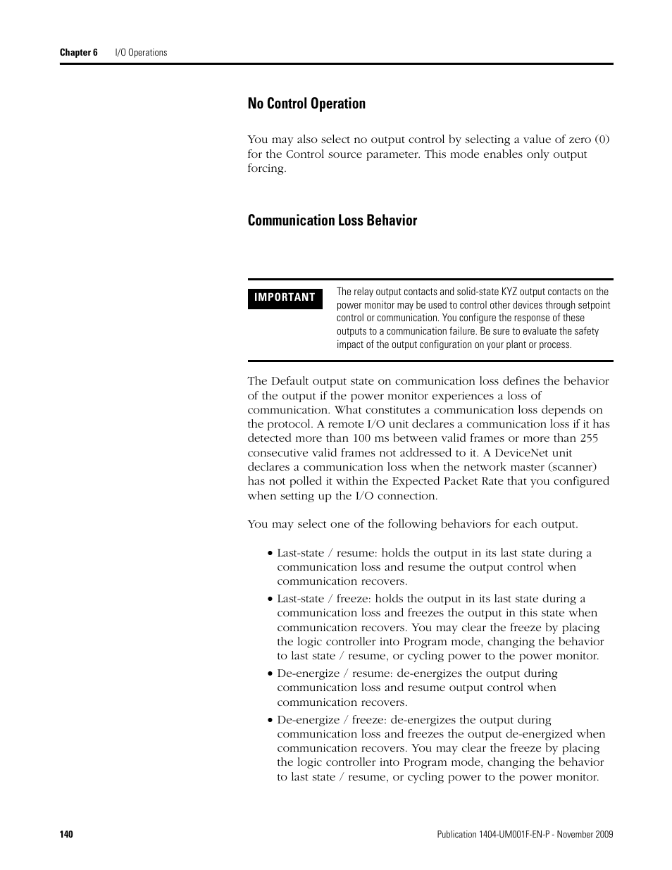 No control operation, Communication loss behavior | Rockwell Automation 1404-M4_M5_M6_M8 Powermonitor 3000 User Manual, Firmware rev. 3.0 or LATER User Manual | Page 140 / 356