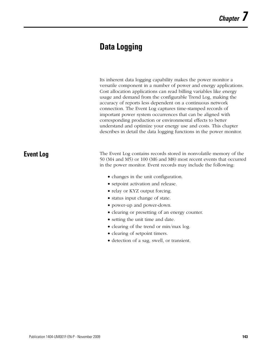 7 - data logging, Event log, Chapter 7 | Data logging, Chapter | Rockwell Automation 1404-M4_M5_M6_M8 Powermonitor 3000 User Manual, Firmware rev. 3.0 or LATER User Manual | Page 143 / 356