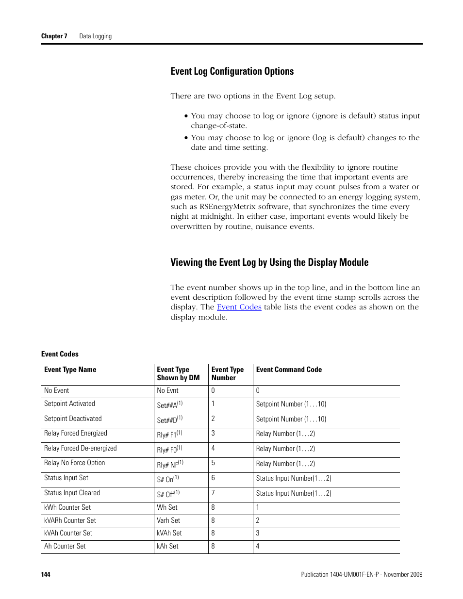 Event codes, Event log configuration options, Viewing the event log by using the display module | Rockwell Automation 1404-M4_M5_M6_M8 Powermonitor 3000 User Manual, Firmware rev. 3.0 or LATER User Manual | Page 144 / 356