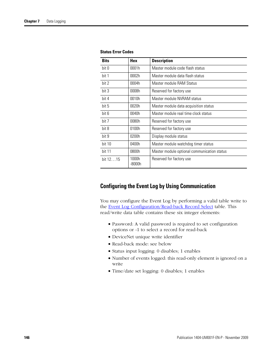 Status error codes, Configuring the event log by using communication | Rockwell Automation 1404-M4_M5_M6_M8 Powermonitor 3000 User Manual, Firmware rev. 3.0 or LATER User Manual | Page 146 / 356