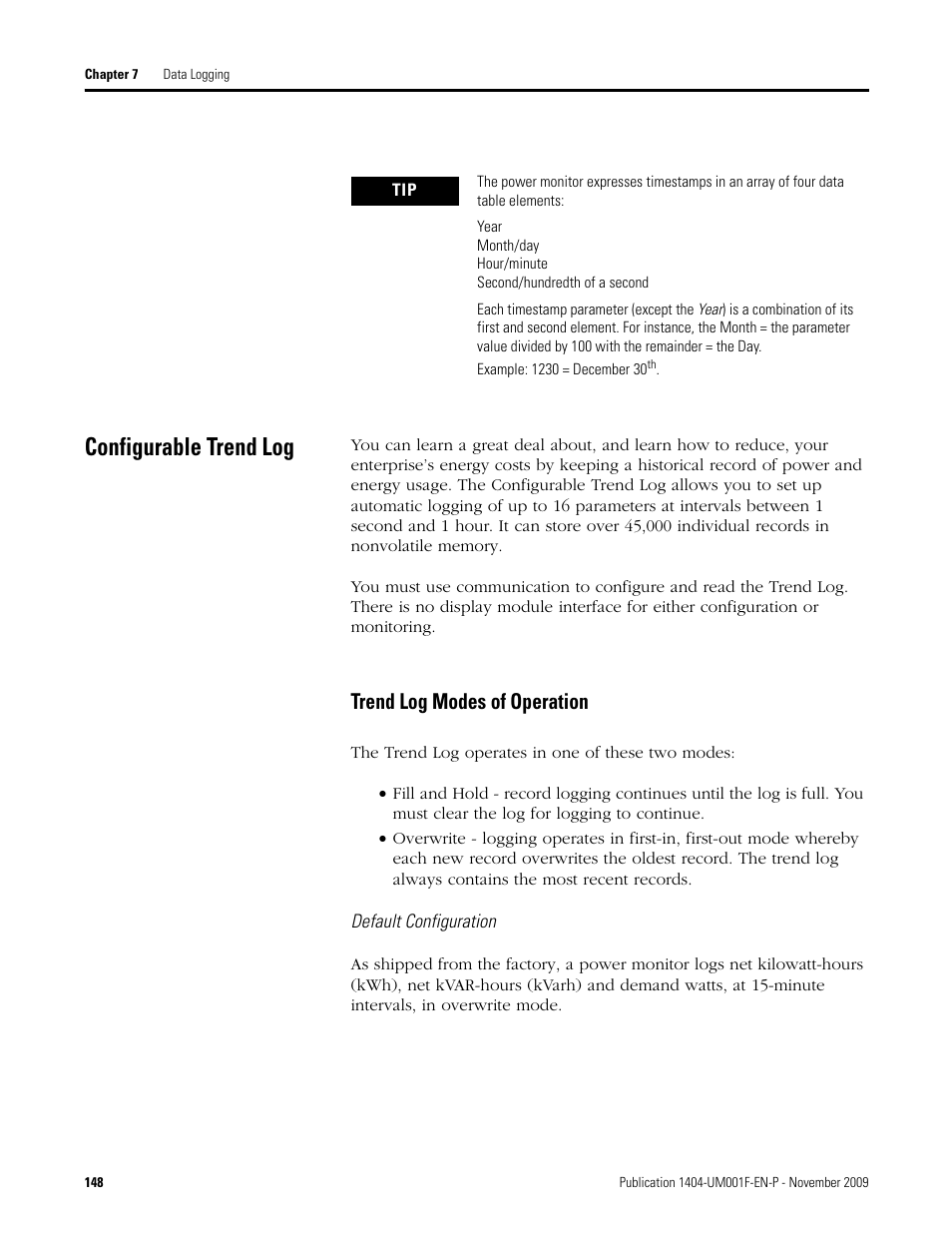 Configurable trend log, Trend log modes of operation | Rockwell Automation 1404-M4_M5_M6_M8 Powermonitor 3000 User Manual, Firmware rev. 3.0 or LATER User Manual | Page 148 / 356