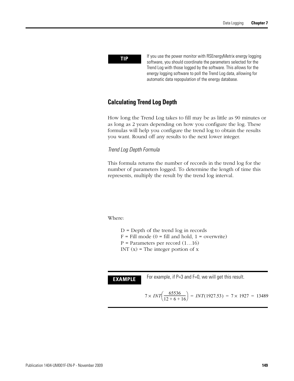 Calculating trend log depth | Rockwell Automation 1404-M4_M5_M6_M8 Powermonitor 3000 User Manual, Firmware rev. 3.0 or LATER User Manual | Page 149 / 356