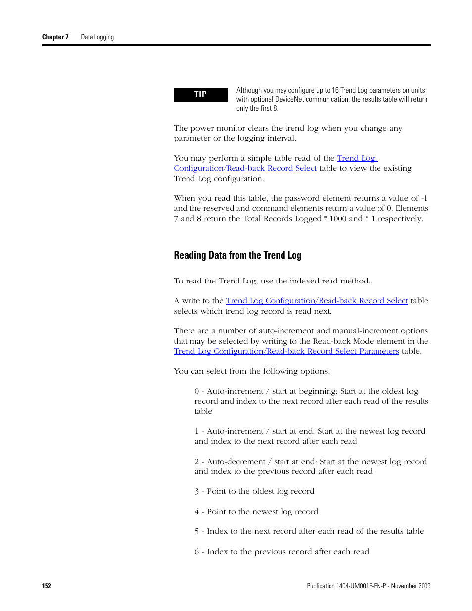 Reading data from the trend log | Rockwell Automation 1404-M4_M5_M6_M8 Powermonitor 3000 User Manual, Firmware rev. 3.0 or LATER User Manual | Page 152 / 356