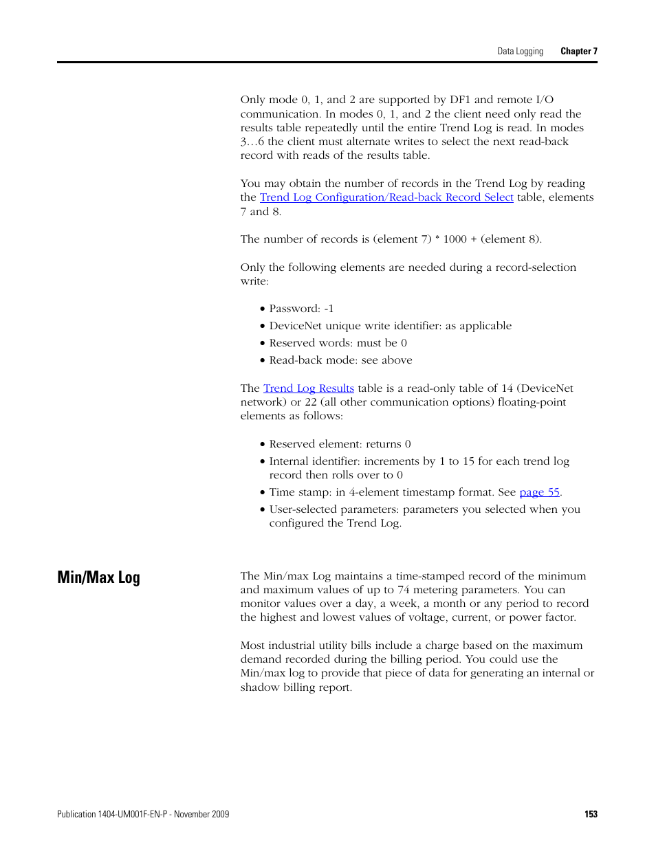 Min/max log | Rockwell Automation 1404-M4_M5_M6_M8 Powermonitor 3000 User Manual, Firmware rev. 3.0 or LATER User Manual | Page 153 / 356