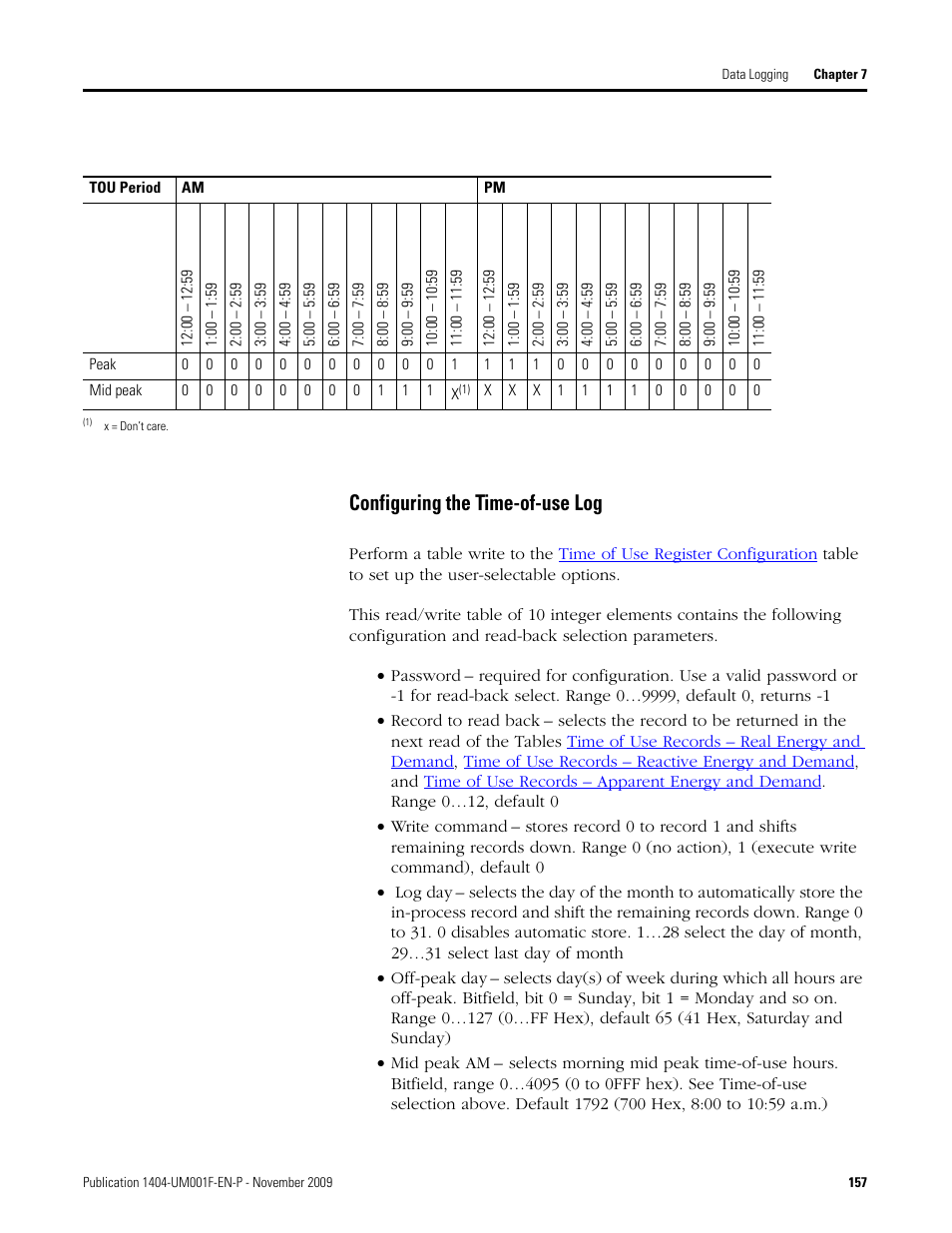 Configuring the time-of-use log | Rockwell Automation 1404-M4_M5_M6_M8 Powermonitor 3000 User Manual, Firmware rev. 3.0 or LATER User Manual | Page 157 / 356