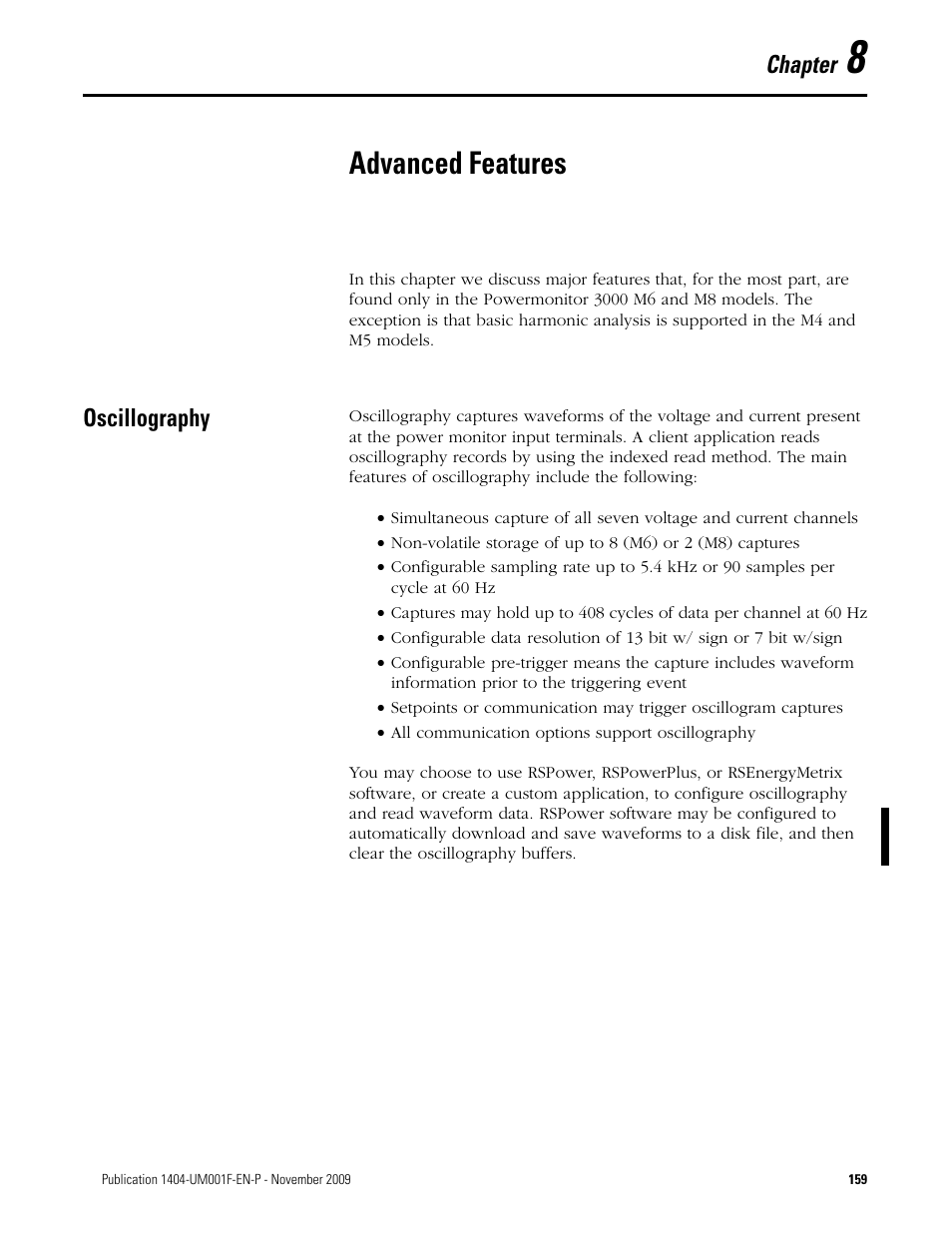 8 - advanced features, Oscillography, Chapter 8 | Advanced features, Chapter | Rockwell Automation 1404-M4_M5_M6_M8 Powermonitor 3000 User Manual, Firmware rev. 3.0 or LATER User Manual | Page 159 / 356