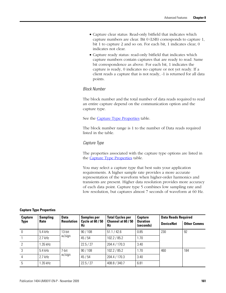 Capture type properties, Ee the capture type properties | Rockwell Automation 1404-M4_M5_M6_M8 Powermonitor 3000 User Manual, Firmware rev. 3.0 or LATER User Manual | Page 161 / 356