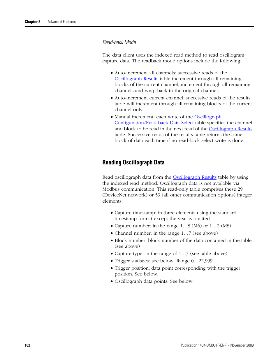 Reading oscillograph data | Rockwell Automation 1404-M4_M5_M6_M8 Powermonitor 3000 User Manual, Firmware rev. 3.0 or LATER User Manual | Page 162 / 356