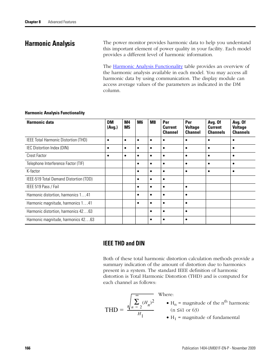 Harmonic analysis, Harmonic analysis functionality, Ieee thd and din | Rockwell Automation 1404-M4_M5_M6_M8 Powermonitor 3000 User Manual, Firmware rev. 3.0 or LATER User Manual | Page 166 / 356