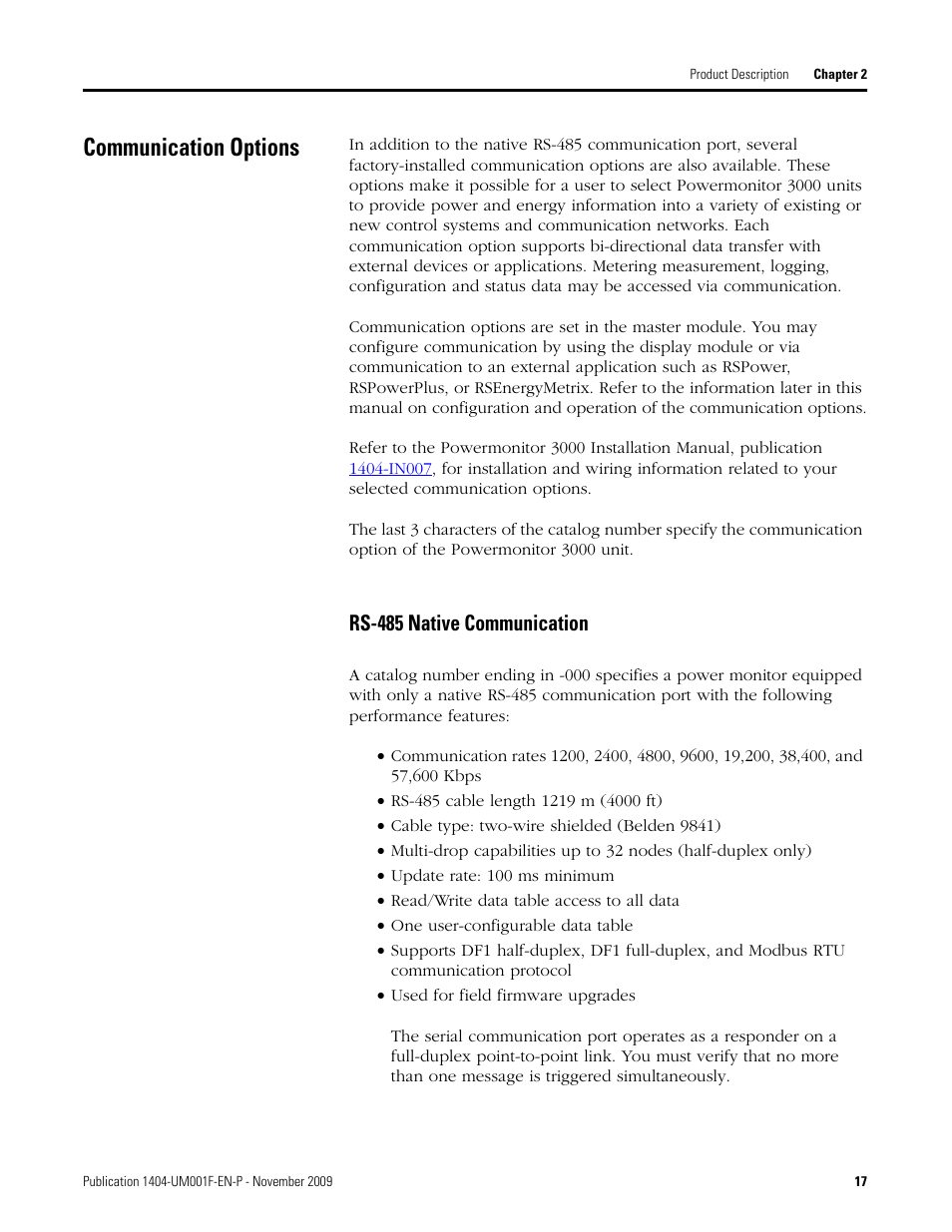 Communication options, Rs-485 native communication | Rockwell Automation 1404-M4_M5_M6_M8 Powermonitor 3000 User Manual, Firmware rev. 3.0 or LATER User Manual | Page 17 / 356