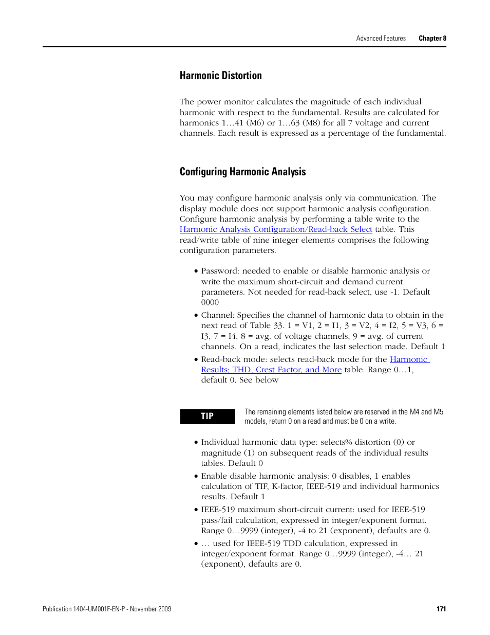 Harmonic distortion, Configuring harmonic analysis | Rockwell Automation 1404-M4_M5_M6_M8 Powermonitor 3000 User Manual, Firmware rev. 3.0 or LATER User Manual | Page 171 / 356