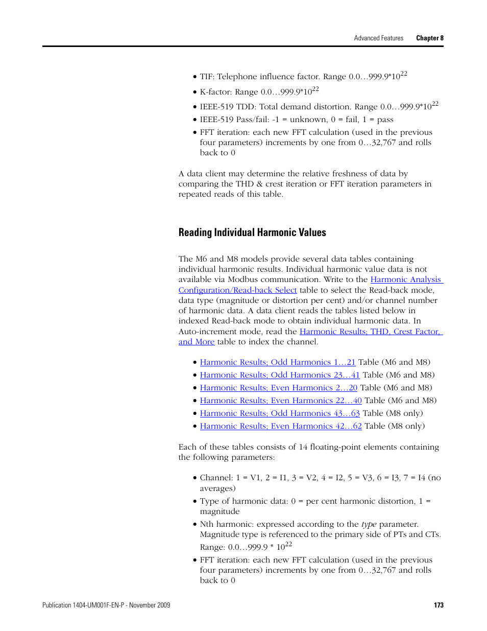 Reading individual harmonic values | Rockwell Automation 1404-M4_M5_M6_M8 Powermonitor 3000 User Manual, Firmware rev. 3.0 or LATER User Manual | Page 173 / 356