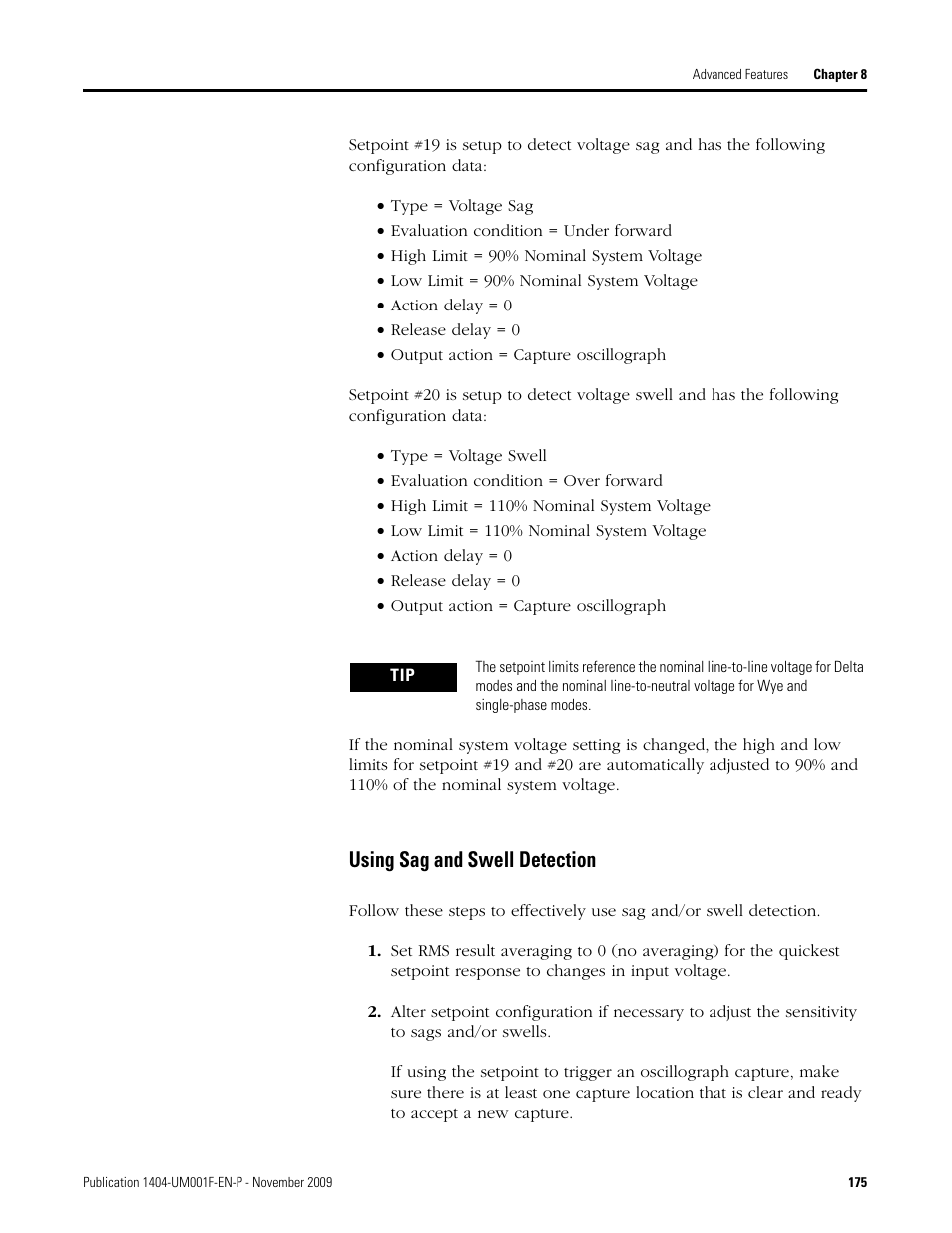 Using sag and swell detection | Rockwell Automation 1404-M4_M5_M6_M8 Powermonitor 3000 User Manual, Firmware rev. 3.0 or LATER User Manual | Page 175 / 356