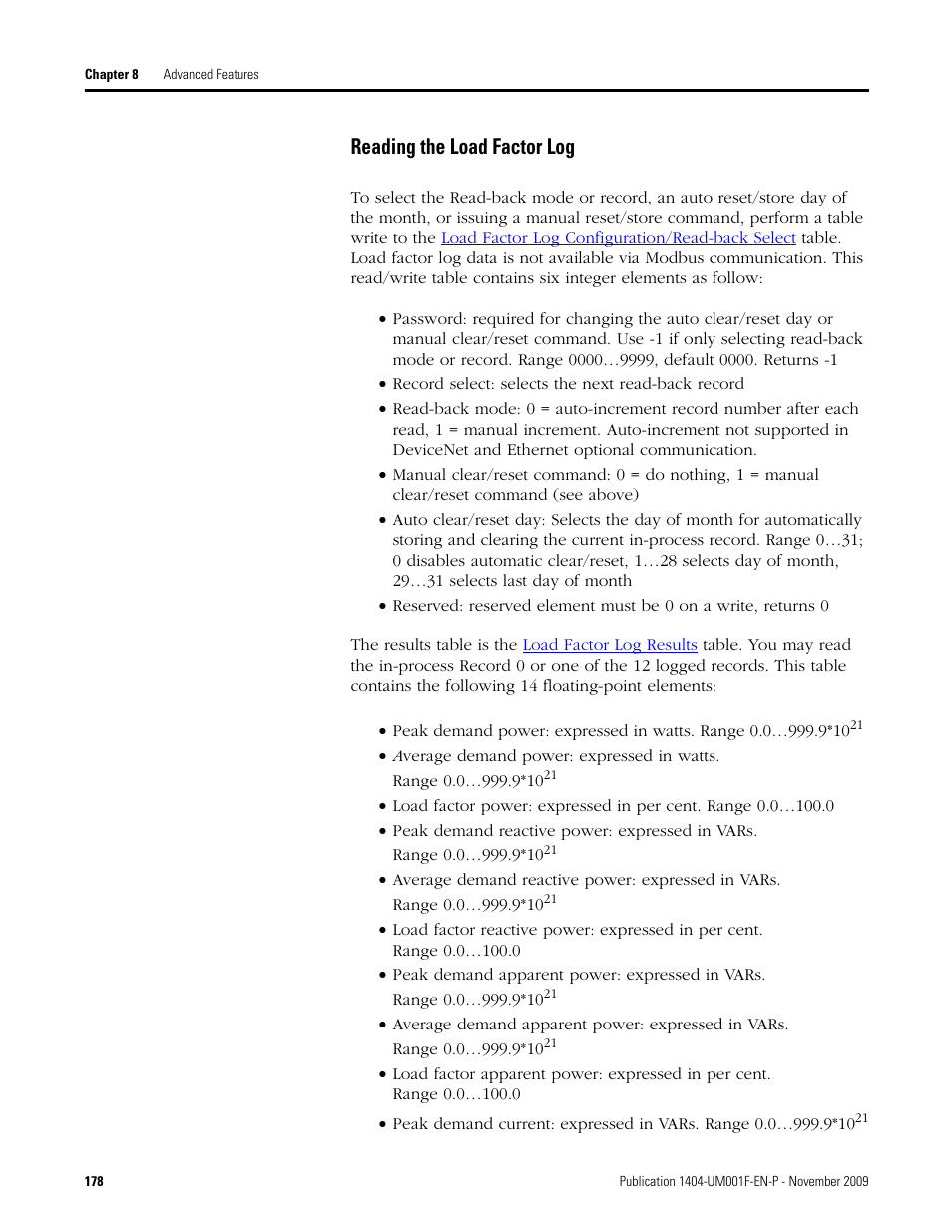 Reading the load factor log | Rockwell Automation 1404-M4_M5_M6_M8 Powermonitor 3000 User Manual, Firmware rev. 3.0 or LATER User Manual | Page 178 / 356