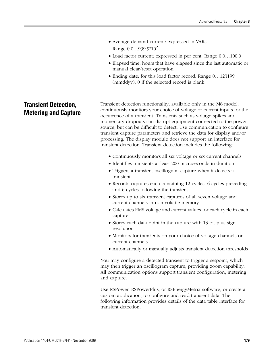 Transient detection, metering and capture | Rockwell Automation 1404-M4_M5_M6_M8 Powermonitor 3000 User Manual, Firmware rev. 3.0 or LATER User Manual | Page 179 / 356