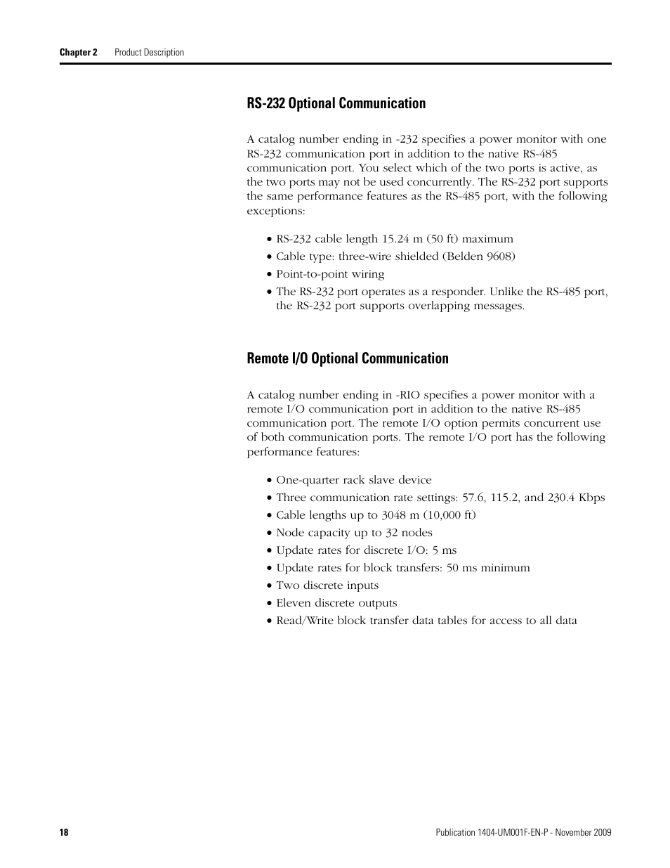 Rs-232 optional communication, Remote i/o optional communication | Rockwell Automation 1404-M4_M5_M6_M8 Powermonitor 3000 User Manual, Firmware rev. 3.0 or LATER User Manual | Page 18 / 356