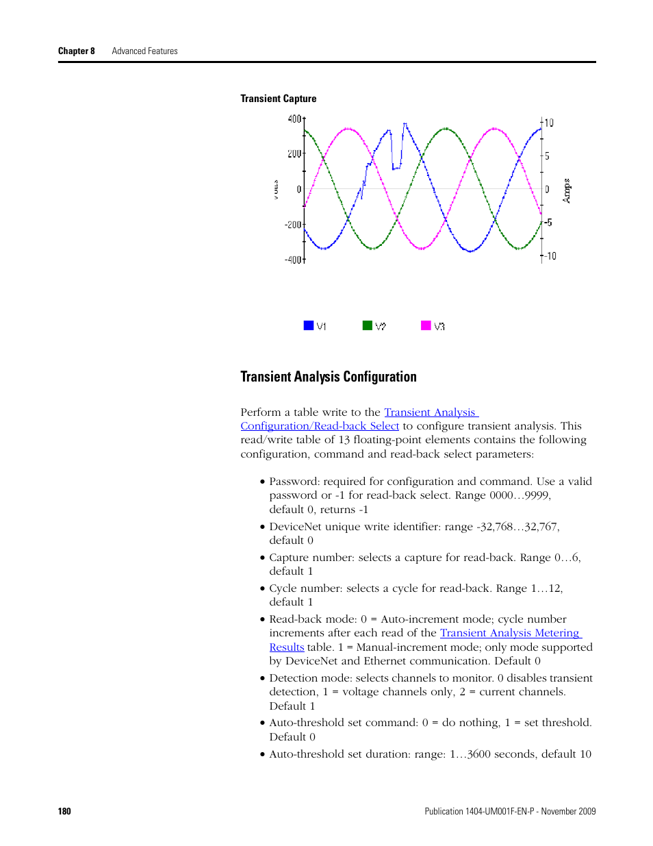 Transient analysis configuration | Rockwell Automation 1404-M4_M5_M6_M8 Powermonitor 3000 User Manual, Firmware rev. 3.0 or LATER User Manual | Page 180 / 356