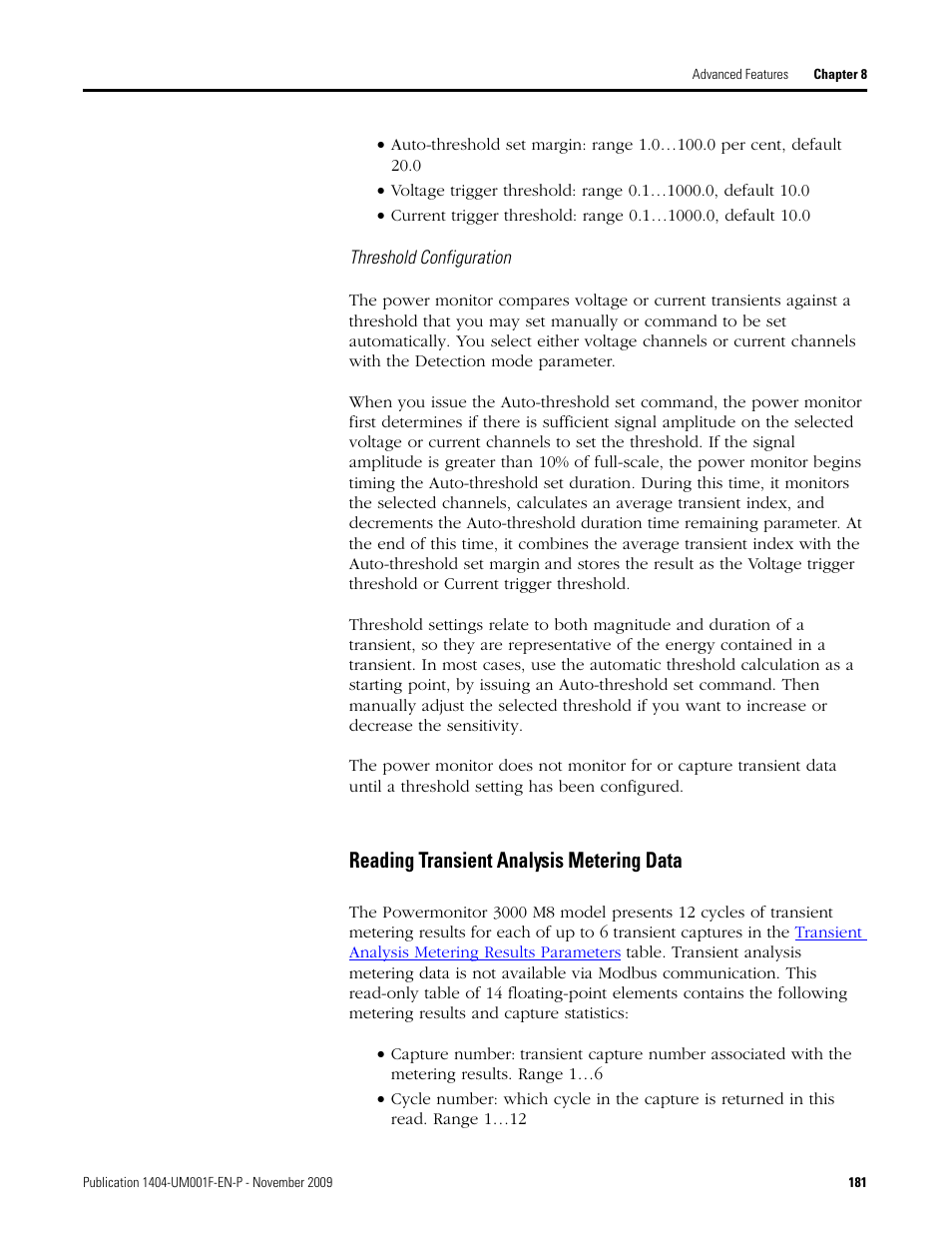 Reading transient analysis metering data | Rockwell Automation 1404-M4_M5_M6_M8 Powermonitor 3000 User Manual, Firmware rev. 3.0 or LATER User Manual | Page 181 / 356