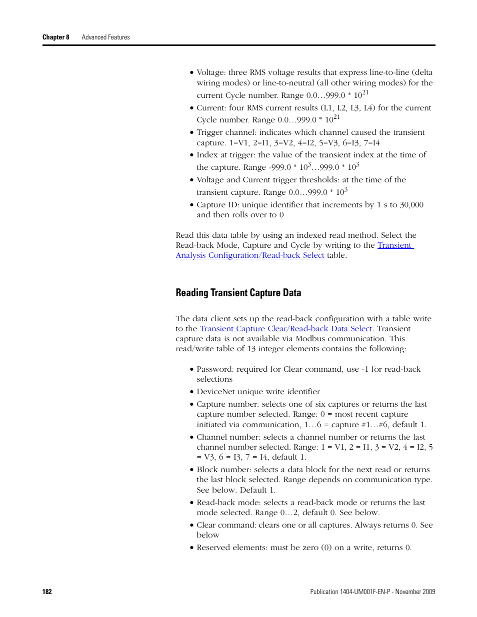 Reading transient capture data | Rockwell Automation 1404-M4_M5_M6_M8 Powermonitor 3000 User Manual, Firmware rev. 3.0 or LATER User Manual | Page 182 / 356