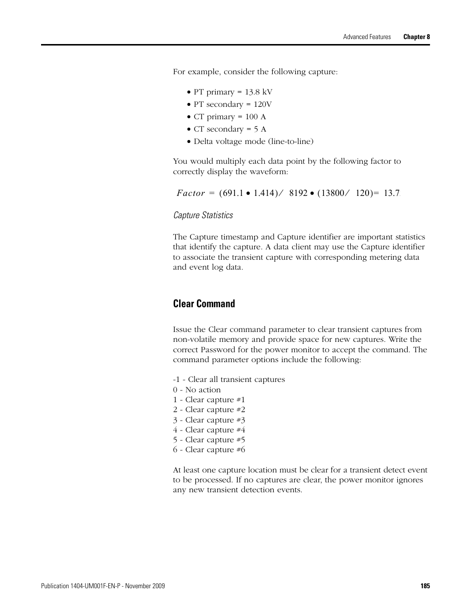 Clear command | Rockwell Automation 1404-M4_M5_M6_M8 Powermonitor 3000 User Manual, Firmware rev. 3.0 or LATER User Manual | Page 185 / 356