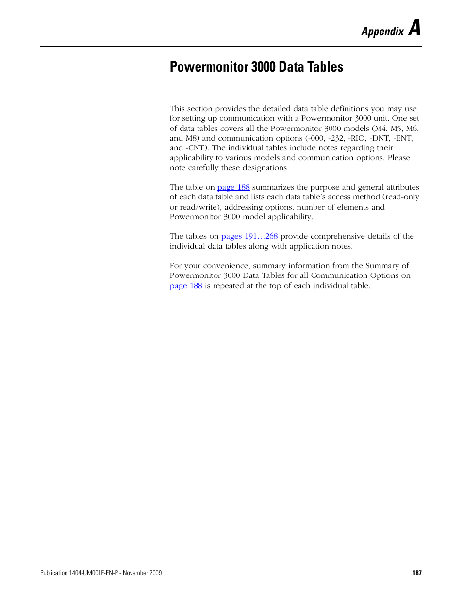 A - powermonitor 3000 data tables, Appendix a, Powermonitor 3000 data tables | Appendix | Rockwell Automation 1404-M4_M5_M6_M8 Powermonitor 3000 User Manual, Firmware rev. 3.0 or LATER User Manual | Page 187 / 356