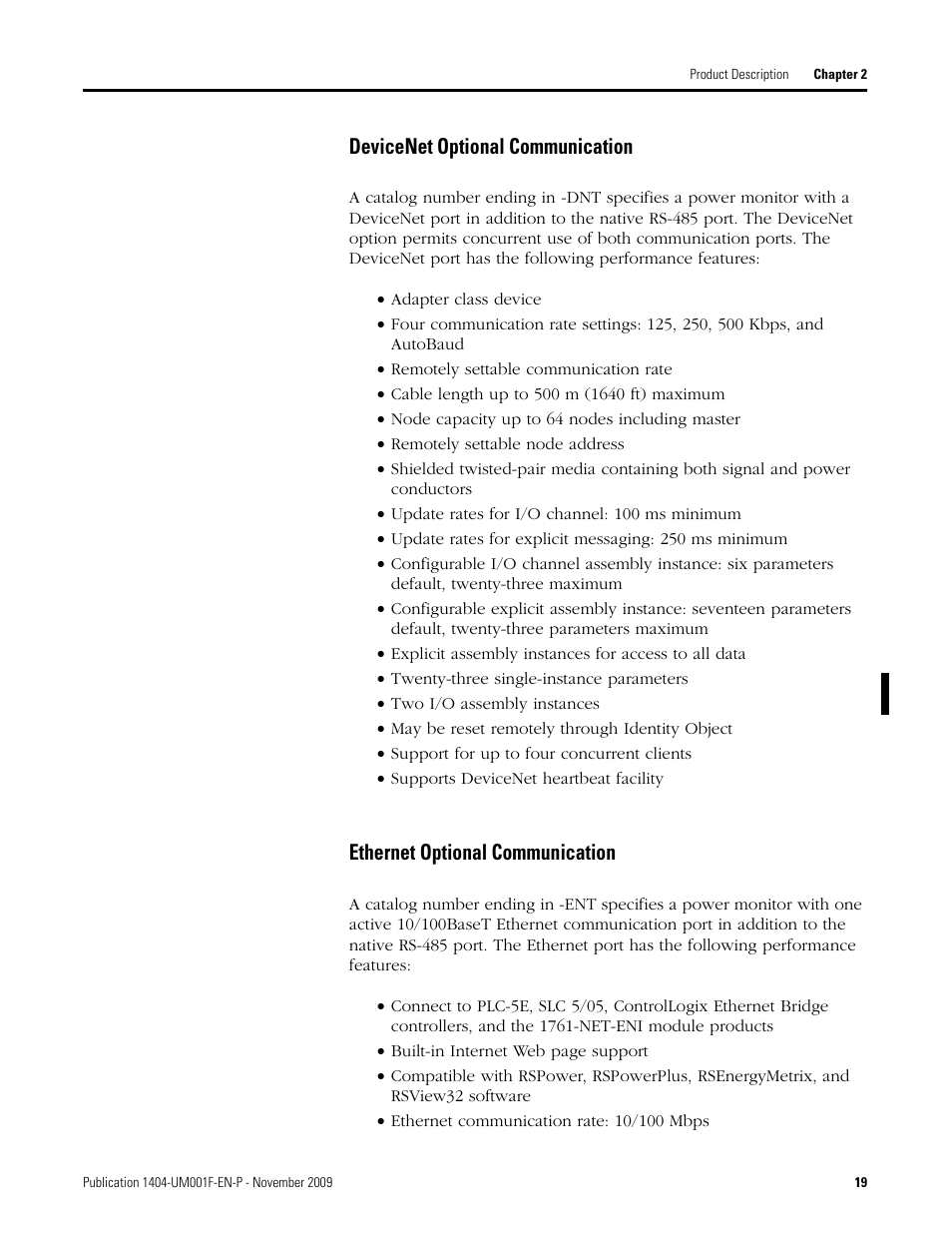 Devicenet optional communication, Ethernet optional communication | Rockwell Automation 1404-M4_M5_M6_M8 Powermonitor 3000 User Manual, Firmware rev. 3.0 or LATER User Manual | Page 19 / 356