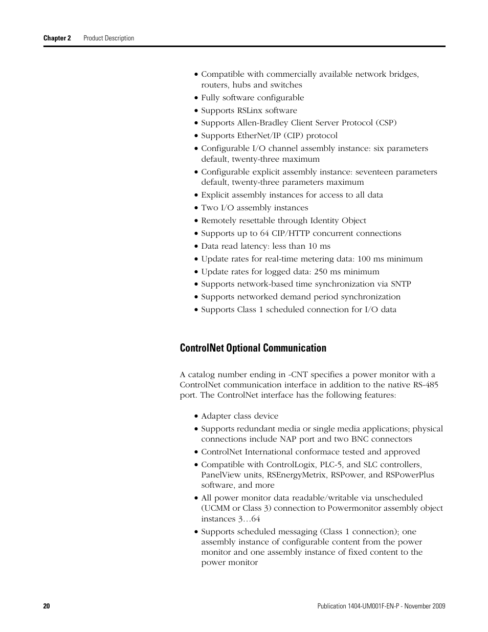 Controlnet optional communication | Rockwell Automation 1404-M4_M5_M6_M8 Powermonitor 3000 User Manual, Firmware rev. 3.0 or LATER User Manual | Page 20 / 356