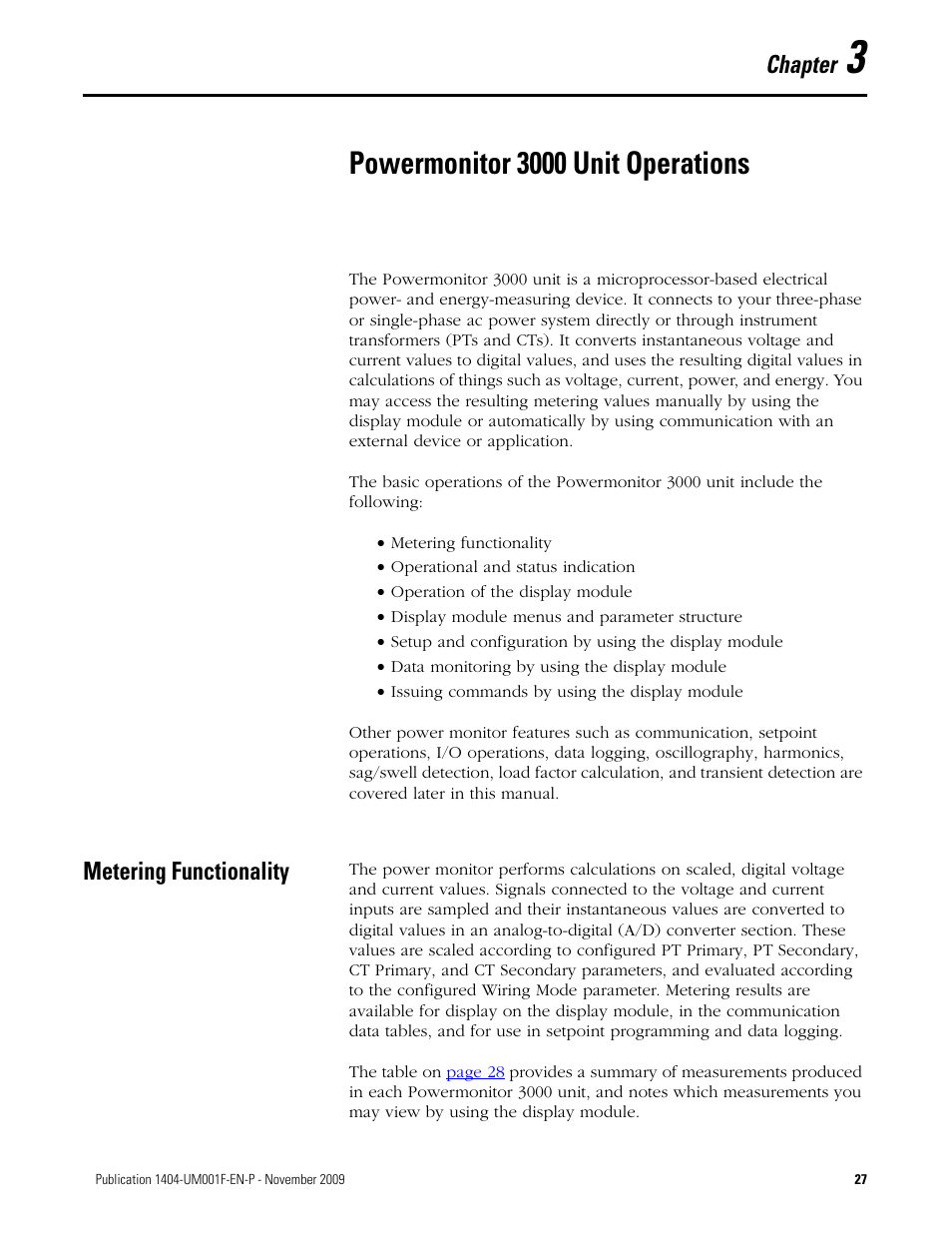 3 - powermonitor 3000 unit operations, Metering functionality, Chapter 3 | Powermonitor 3000 unit operations, Chapter | Rockwell Automation 1404-M4_M5_M6_M8 Powermonitor 3000 User Manual, Firmware rev. 3.0 or LATER User Manual | Page 27 / 356