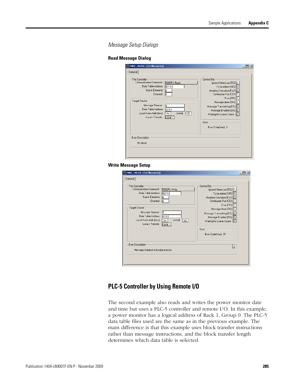 Plc-5 controller by using remote i/o | Rockwell Automation 1404-M4_M5_M6_M8 Powermonitor 3000 User Manual, Firmware rev. 3.0 or LATER User Manual | Page 285 / 356