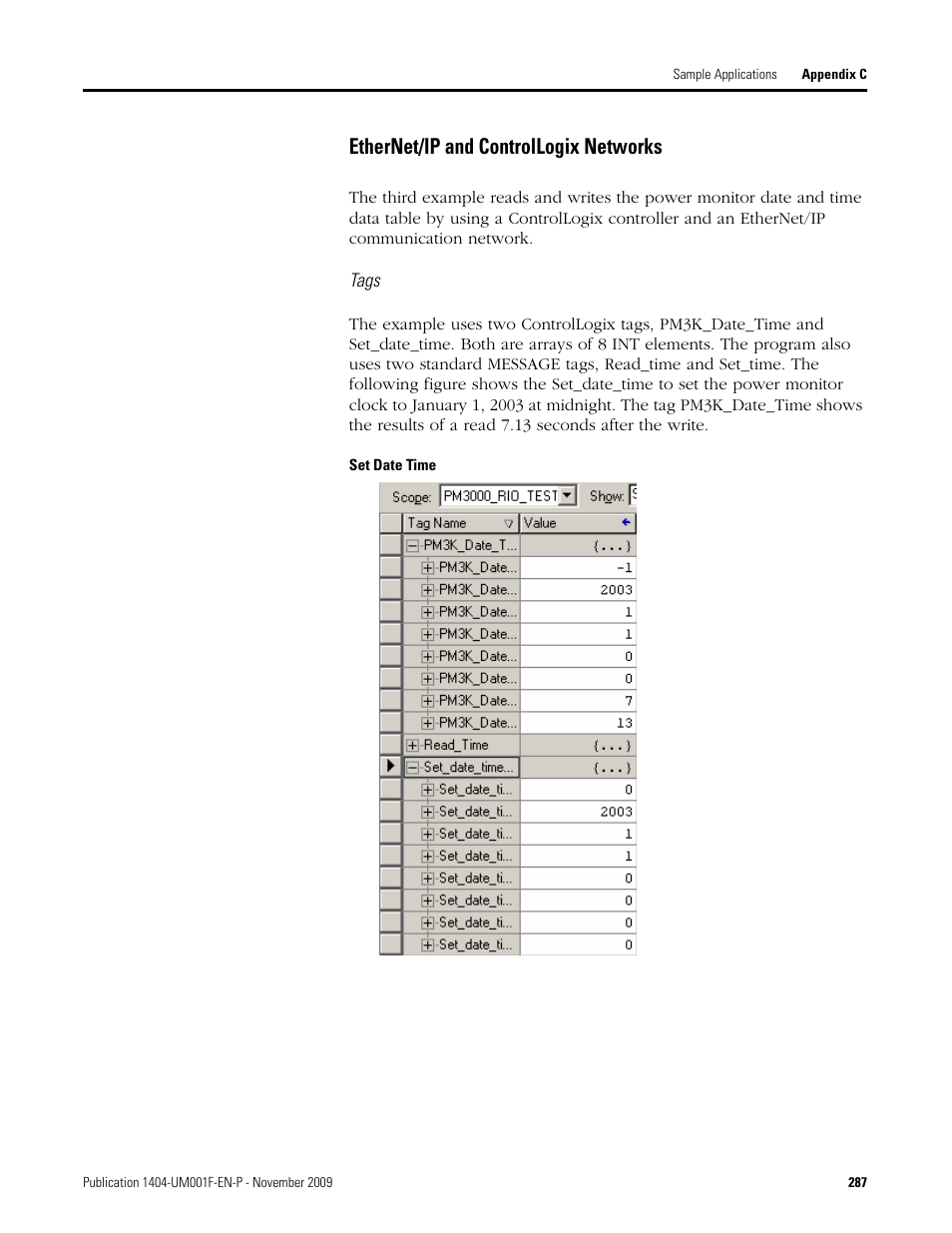 Ethernet/ip and controllogix networks | Rockwell Automation 1404-M4_M5_M6_M8 Powermonitor 3000 User Manual, Firmware rev. 3.0 or LATER User Manual | Page 287 / 356