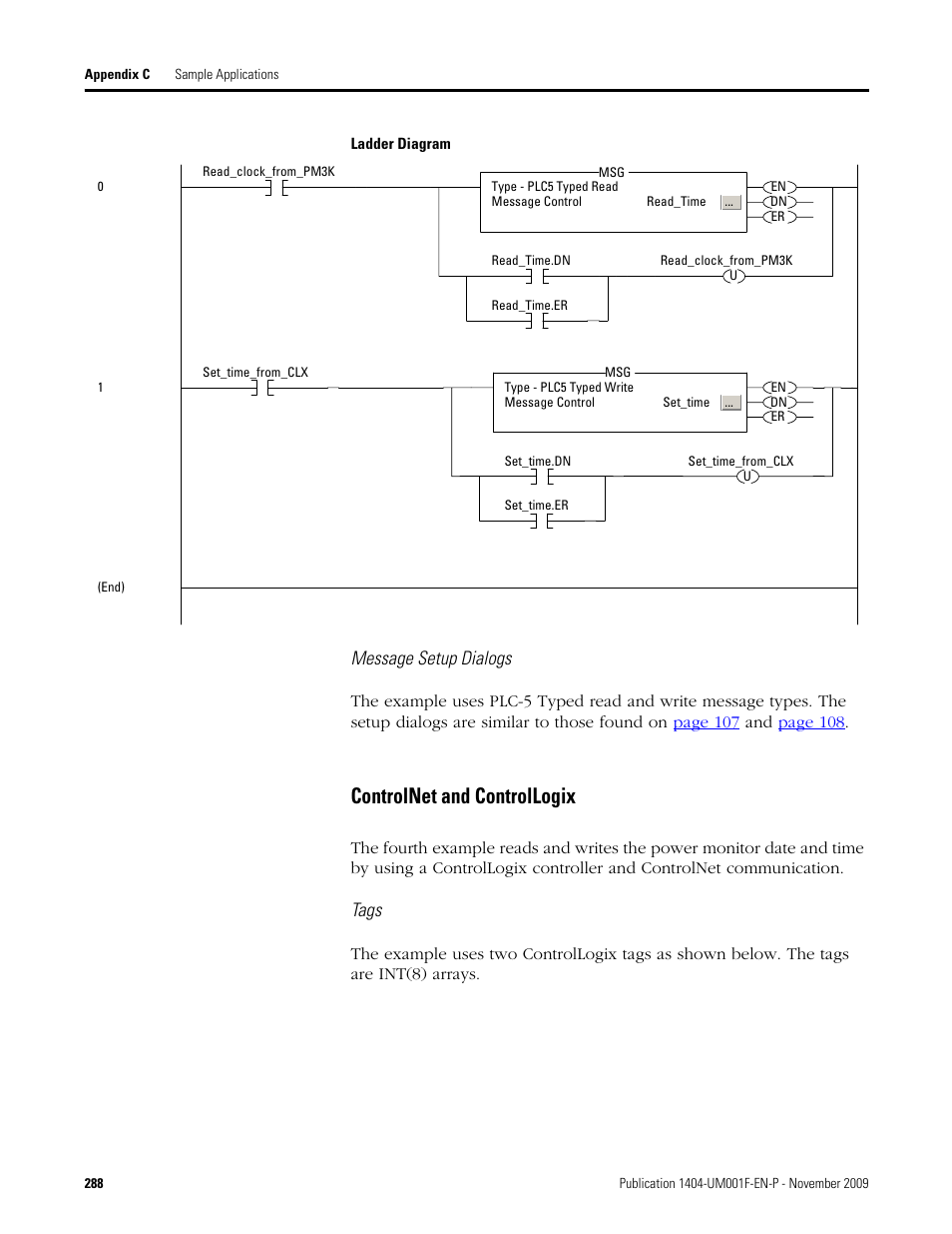 Controlnet and controllogix, Message setup dialogs, Tags | Rockwell Automation 1404-M4_M5_M6_M8 Powermonitor 3000 User Manual, Firmware rev. 3.0 or LATER User Manual | Page 288 / 356