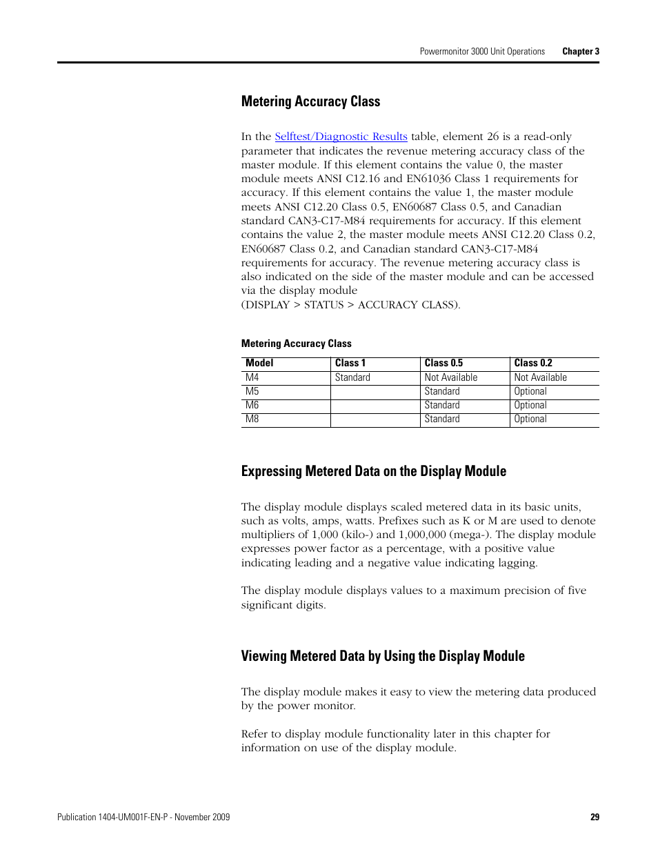 Metering accuracy class, Expressing metered data on the display module, Viewing metered data by using the display module | Rockwell Automation 1404-M4_M5_M6_M8 Powermonitor 3000 User Manual, Firmware rev. 3.0 or LATER User Manual | Page 29 / 356