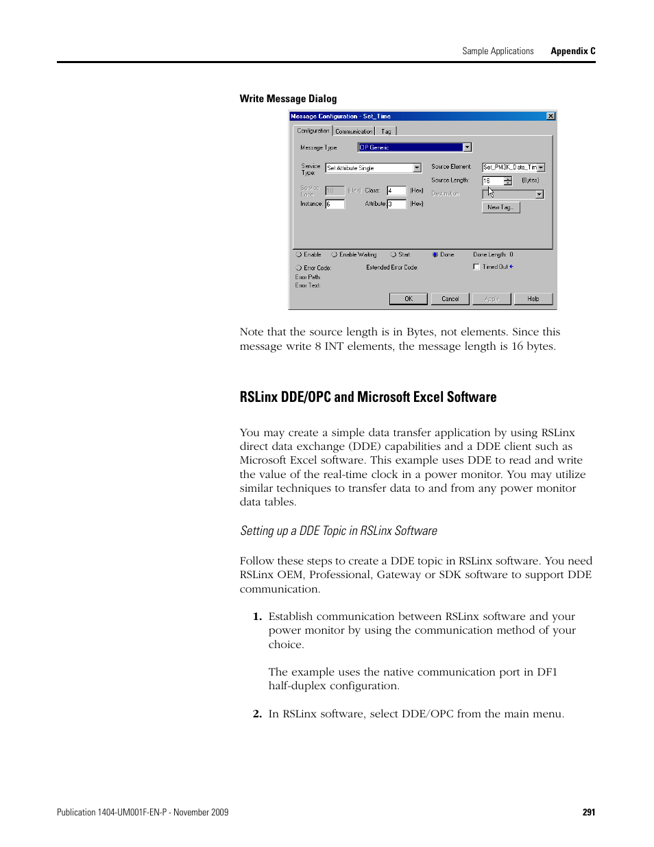 Rslinx dde/opc and microsoft excel software | Rockwell Automation 1404-M4_M5_M6_M8 Powermonitor 3000 User Manual, Firmware rev. 3.0 or LATER User Manual | Page 291 / 356