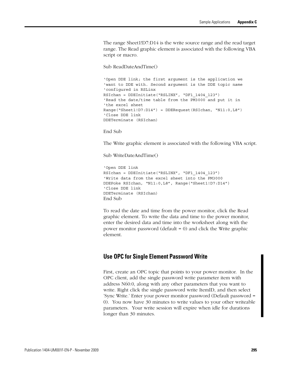 Use opc for single element password write | Rockwell Automation 1404-M4_M5_M6_M8 Powermonitor 3000 User Manual, Firmware rev. 3.0 or LATER User Manual | Page 295 / 356