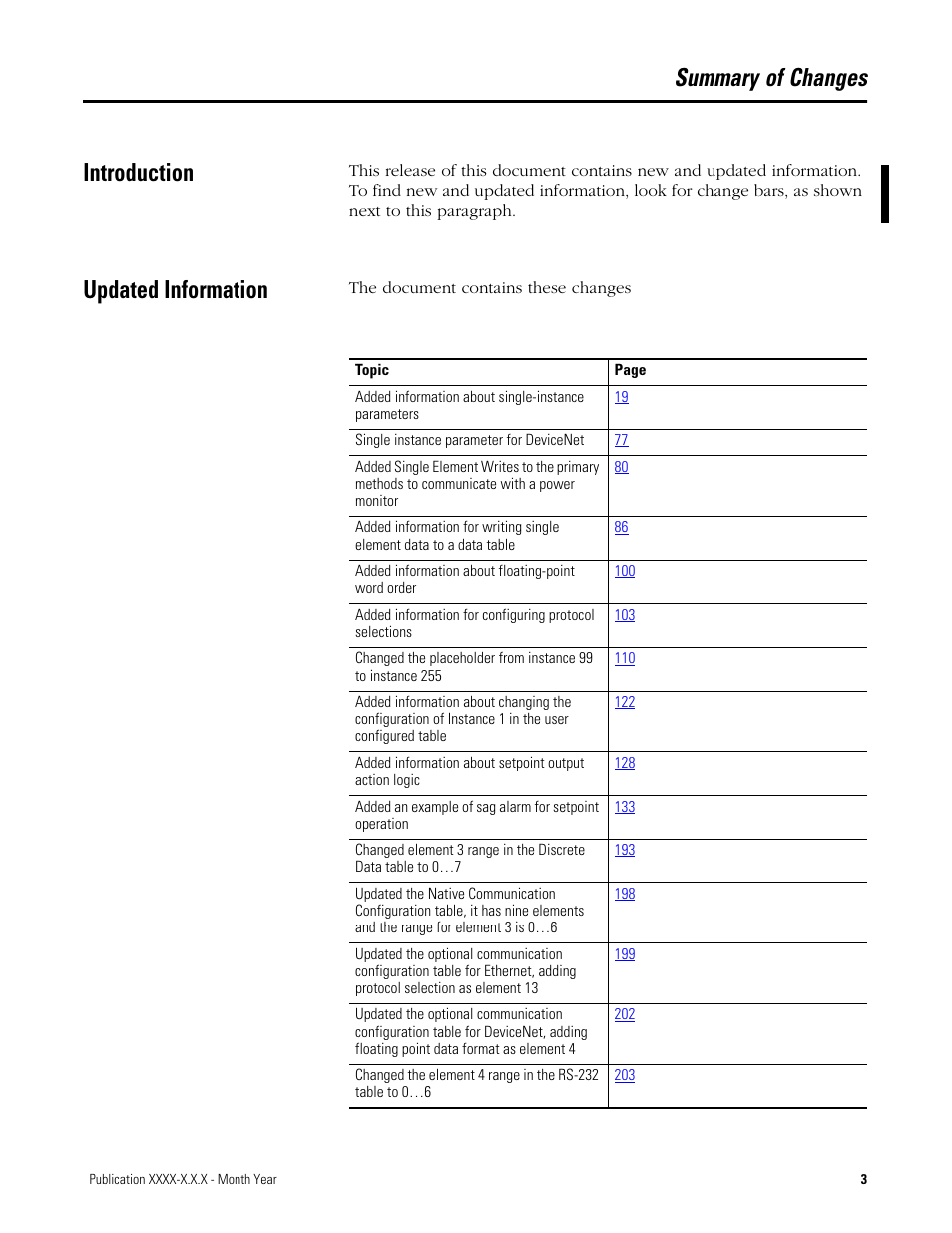 Summary of changes, Introduction, Updated information | Summary of changes introduction | Rockwell Automation 1404-M4_M5_M6_M8 Powermonitor 3000 User Manual, Firmware rev. 3.0 or LATER User Manual | Page 3 / 356